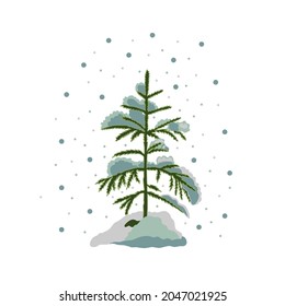 A Christmas tree in the snow and without decorations, isolated on a white background. Vector illustration of a coniferous tree in winter and falling snowflakes.