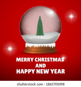 Christmas Tree Snowball decorations. Merry Christmas and Happy New Year. Realistic Snow globe on a Red Festive  background. Winter toys. Flying Snowflakes Around Xmas holidays. Vector illustration