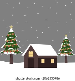 Christmas tree, snowfall, old house. Winter Christmas celebration. Vector illustration