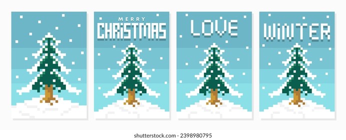 Christmas tree with snowfall rare pixel art style design. Merry Christmas and Happy New Year Set of greeting cards, posters, holiday covers. Creative christmas winter background.