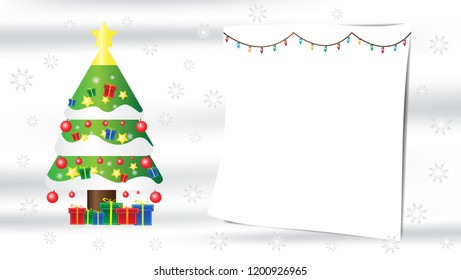 Christmas tree snowflake gift composition on white silk background with copy space for your text.