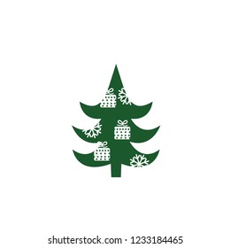 Christmas Tree with snowflake and gift icon. Vector illustration. xmas logo