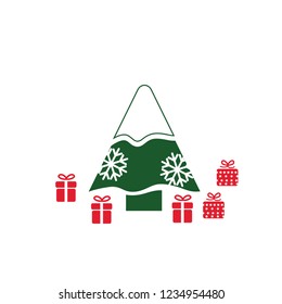 Christmas Tree with snowflake and gift icon. Vector illustration. xmas logo