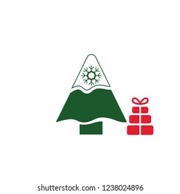 Christmas Tree with snowflake and gift icon. Vector illustration. xmas logo