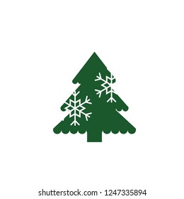 Christmas Tree with snowflake and gift icon. Vector illustration. Xmas logo