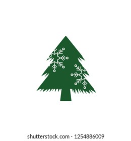 Christmas Tree with snowflake and gift icon. Vector illustration. xmas logo