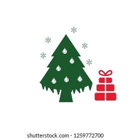 Christmas Tree with snowflake and gift icon. Vector illustration. xmas logo