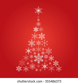 Christmas tree with snowflake icons on red background