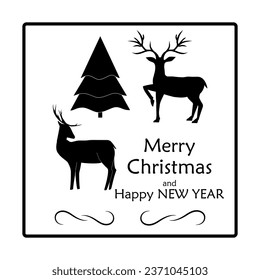 Christmas tree, snowflake and lettering in square on white background. Monochrome template for printed, card, poster, banner. Vector illustration.
