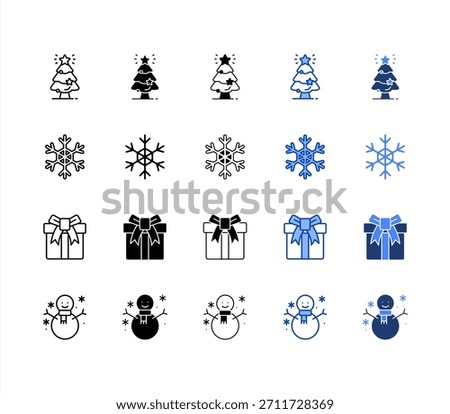 Christmas tree, Snowflake, Christmas present, Snowman multiple style icon set.