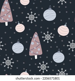 Christmas tree and snowflake seamless pattern. New Year Vector illustration in Scandinavian style.