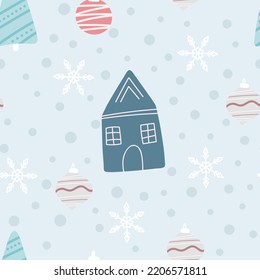 Christmas tree and snowflake seamless pattern. New Year Vector illustration in Scandinavian style