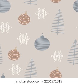 Christmas tree and snowflake seamless pattern. New Year Vector illustration in Scandinavian style.