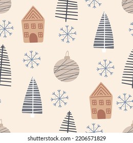 Christmas tree and snowflake seamless pattern. New Year Vector illustration in Scandinavian style