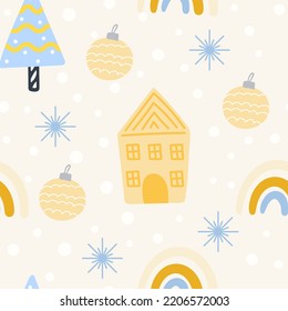 Christmas tree and snowflake seamless pattern. New Year Vector illustration in Scandinavian style.