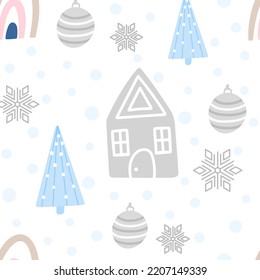 Christmas tree and snowflake seamless pattern. New Year Vector illustration in Scandinavian style