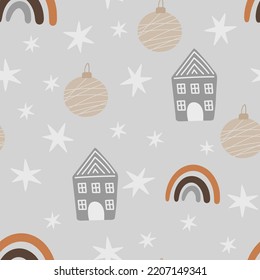 Christmas tree and snowflake seamless pattern. New Year Vector illustration in Scandinavian style