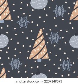 Christmas tree and snowflake seamless pattern. New Year Vector illustration in Scandinavian style.