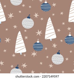 Christmas tree and snowflake seamless pattern. New Year Vector illustration in Scandinavian style.