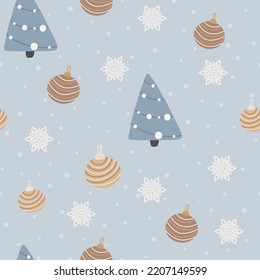 Christmas tree and snowflake seamless pattern. New Year Vector illustration in Scandinavian style.
