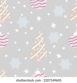 Christmas tree and snowflake seamless pattern. New Year Vector illustration in Scandinavian style.