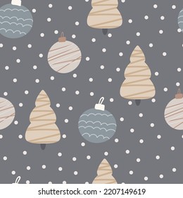 Christmas tree and snowflake seamless pattern. New Year Vector illustration in Scandinavian style.