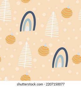Christmas tree and snowflake seamless pattern. New Year Vector illustration in Scandinavian style.