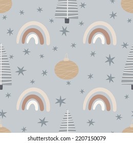 Christmas tree and snowflake seamless pattern. New Year Vector illustration in Scandinavian style.