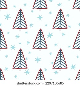Christmas tree and snowflake seamless pattern. New Year Vector illustration in Scandinavian style.
