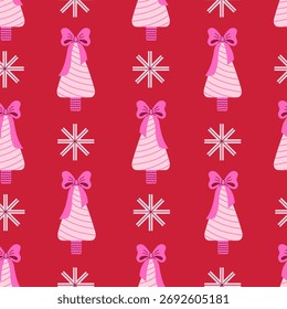 Árvore de Natal e padrão sem costura Snowflake. Festivo Red e Pink Coquette Holiday Background com símbolos e arcos Xmas divertidos modernos. Repetir ilustração de vetor plana