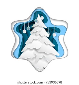 Christmas tree in snowflake shape paper art abstract background.For merry christmas and happy new year.Vector illustration.