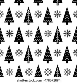 Christmas tree and snowflake vector seamless pattern. Black and white tree and snowflake