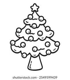 Árbol de Navidad, copos de nieve, bolas de Navidad, guirnaldas, luces, decoraciones, colorear. Ilustración vectorial dibujada a mano. Páginas de libros para colorear para adultos y niños. Feliz Navidad, Nuevo año