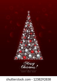 Christmas tree from snowflakes and balls of red and silver color.  Glossy Christmas card. Abstract Christmas tree on red background and inscription merry christmas. Vector illustration 