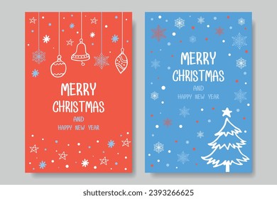 Christmas tree, snowflakes, berries, handmade elements. Winter vector illustration for Christmas invitation, card, banner, social media post. Vector.