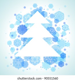 Christmas tree, snowflakes, blue abstract background, vector illustration