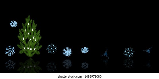Christmas tree. Snowflakes. Dark background with reflection.Vector illustration.