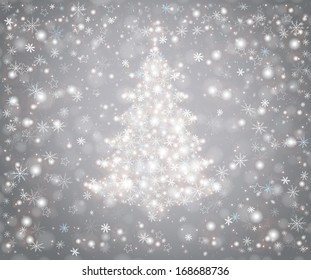 Christmas tree from snowflakes, falling snow and stars