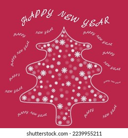 Christmas tree of snowflakes on the background of viva magenta and the inscription Happy New Year. Vector holiday illustration.