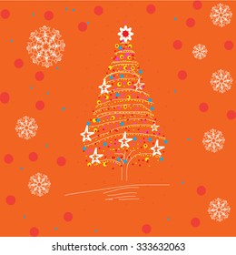 Christmas tree and snowflakes on the orange background