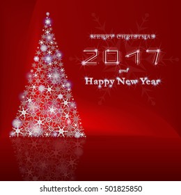 Christmas tree from snowflakes on a red background.  Vector holiday illustration. Merry Christmas and Happy New Year 2017.
