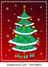 Christmas tree with snowflakes on red background. New Year hand drawn greeting card with gift boxes.