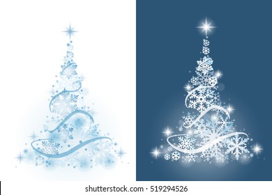 Christmas tree from snowflakes on white and blue background