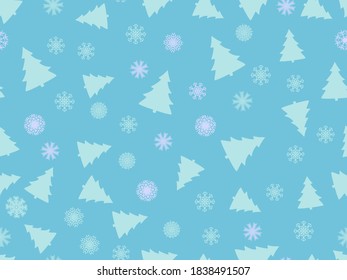 Árbol de Navidad y copos de nieve sin fisuras. Árbol de abetos de vacaciones. Fondo festivo para decoraciones navideñas, tarjetas de felicitación y pancartas. Ilustración del vector