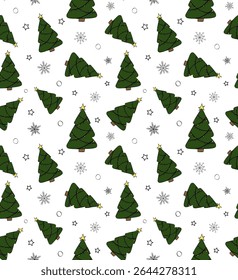 Weihnachtsbaum mit Schneeflocken Nahtloses Muster. Vektorgrafik mit Linien-Freihandgrafik. Silhouette Zeichen für Logo, Druck, Comics, Mode, Pop Art, Bretter, Design, Aufkleber, Dekoration, Plakate
