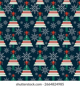 Árvore de Natal e flocos de neve padrão sem costura. Design vetorial sobre fundo azul marinho. Papel para embrulhar presentes. Ilustração moderna de 300 dpi style.print.