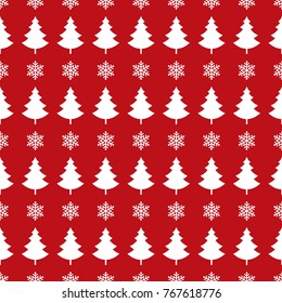 christmas tree snowflakes seamless pattern card red background