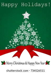 Christmas tree from snowflakes with silver star and red ribbon on green and white  background  and "Happy Holidays!, Merry Christmas & Happy New Year" text and holly leaves. Vector illustration.