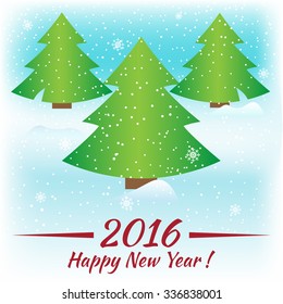 Christmas tree with snowflakes and snow. Abstract background. Happy New Year 2016. Postcard for New Year, Christmas. Poster, template. Vector illustration.