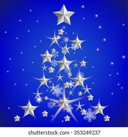 Christmas tree of snowflakes and starry on a blue background. Vector illustration